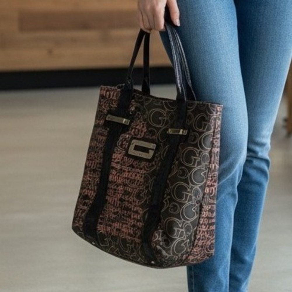 Guess Tote Bag Black Pink Monogram Logo Print Patent Trim Y2K Large Shopper